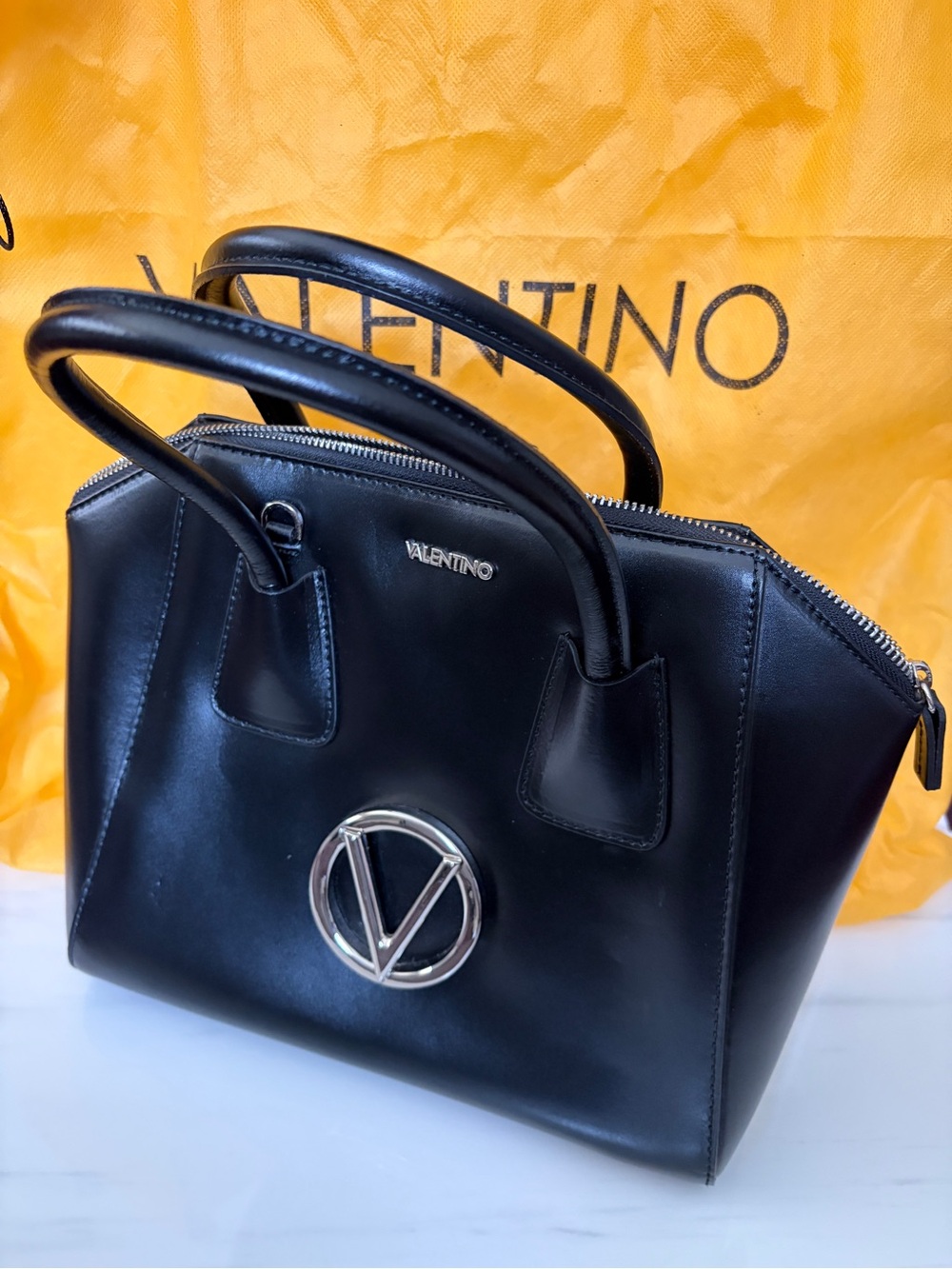Valentino Black Leather Top-Handle Satchel with Silver V Logo